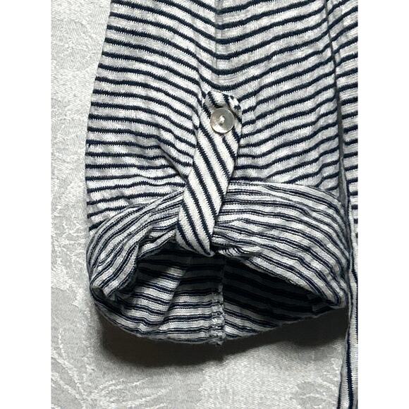 C&C California 100% Linen Shirt XL Blue White Striped Hooded Roll Tab Sleeves - Picture 2 of 10